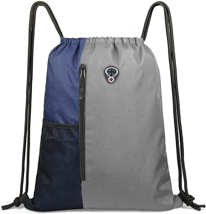Drawstring Backpack Sports Gym Bag for Women Men Children Large Size with Zipper and Water Bottle Mesh Pockets Home & Garden > Household Supplies > Storage & Organization BeeGreen Grey/Navy  