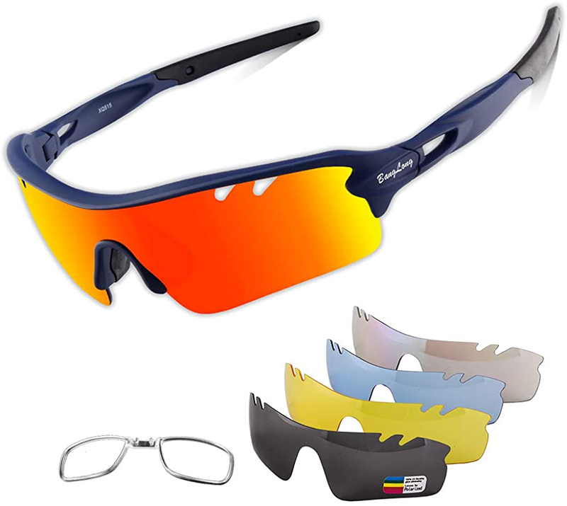 Polarized Sports Sunglasses Cycling Sun Glasses for Men Women with 5 Interchangeable Lenes for Running Baseball Golf Driving Sporting Goods > Outdoor Recreation > Cycling > Cycling Apparel & Accessories BangLong Blue Frame+black  