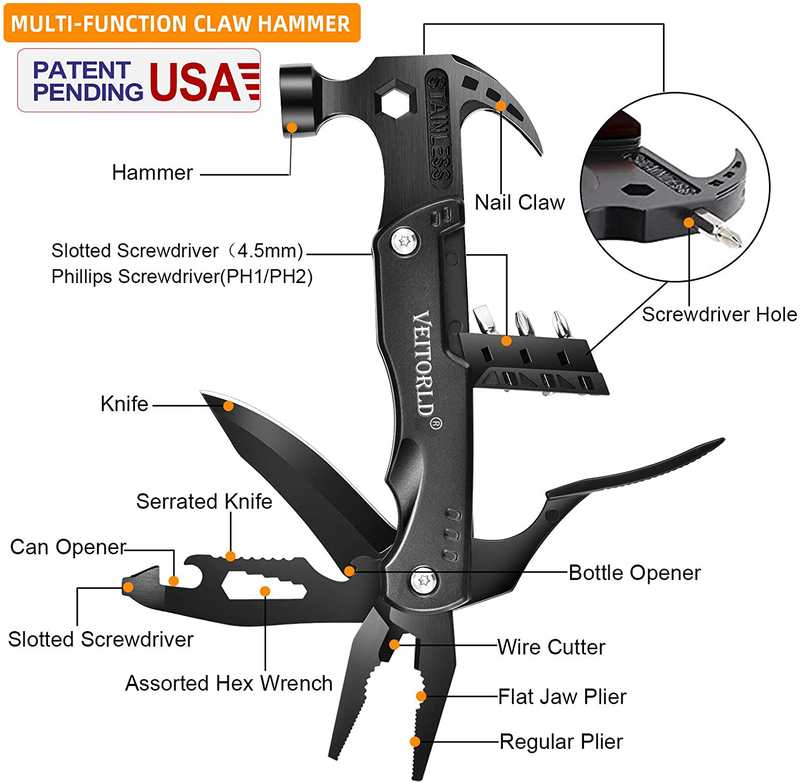 Gifts for Men Dad Him Women, Camping Accessories, Stocking Stuffers, Unique Christmas Anniversary Birthday Gift Ideas for Husband Boyfriend, Cool Gadgets Survival Hiking Tools Hammer Multitool Sporting Goods > Outdoor Recreation > Camping & Hiking > Camping Tools Veitorld   