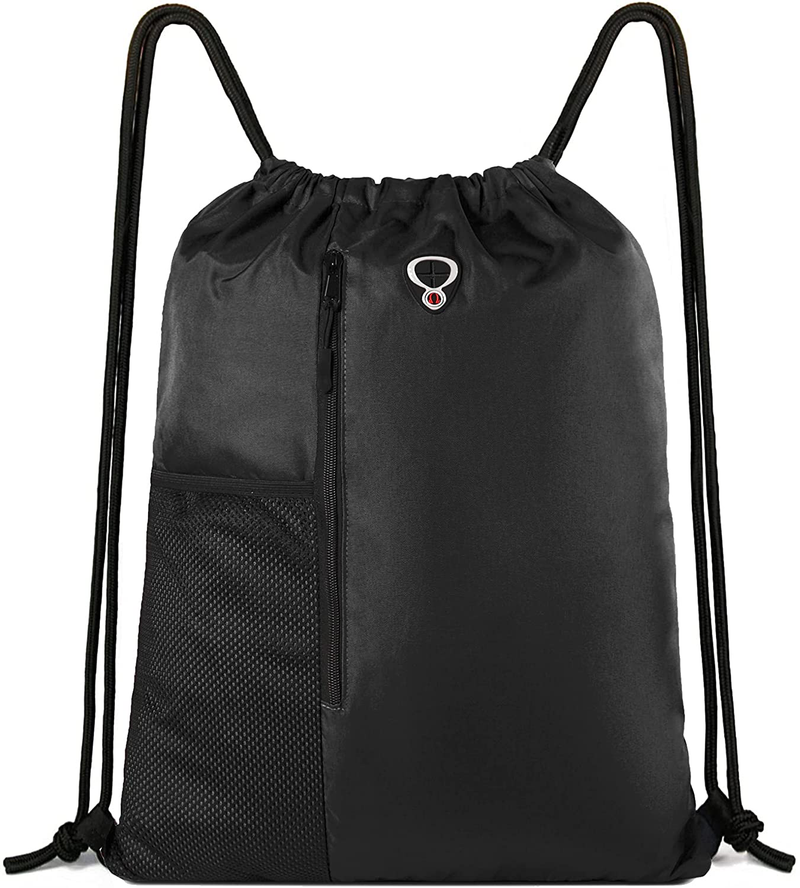 Drawstring Backpack Sports Gym Bag for Women Men Children Large Size with Zipper and Water Bottle Mesh Pockets Home & Garden > Household Supplies > Storage & Organization BeeGreen Black  