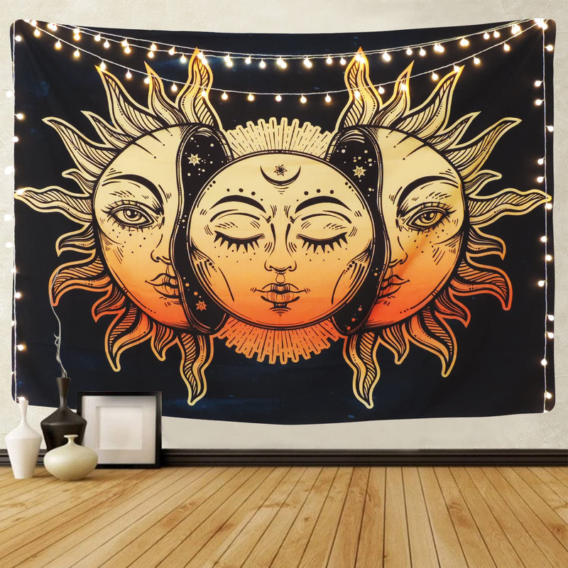 Sevenstars Sun and Moon Tapestry Burning Sun with Star Tapestry Psychedelic Tapestry Blue and Gold Mystic Tapestry Wall Hanging Home & Garden > Decor > Artwork > Decorative Tapestries Sevenstars Sun and Moon 70.9" x 92.5" 