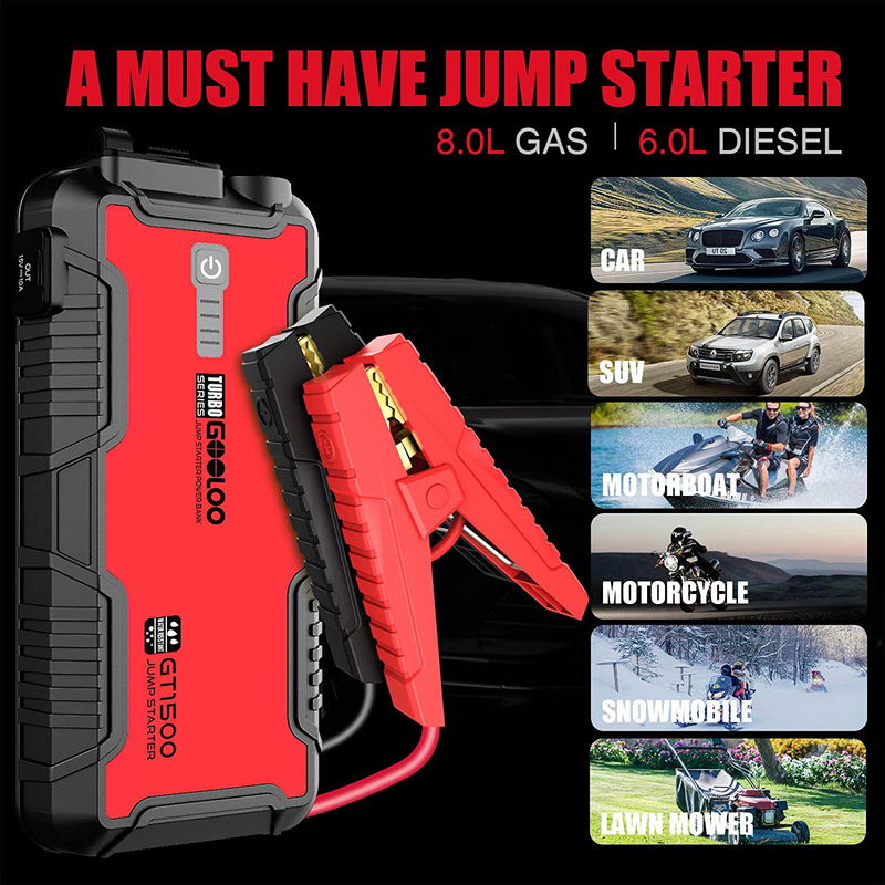 GOOLOO Jump Starter Battery Pack - 1500A Peak Water-Resistant Portable Lithium Car Booster for Up to 8.0L Gas or 6.0L Diesel Engine, SuperSafe 12V Auto Power Pack with USB Quick Charge,Type C Port Vehicles & Parts > Vehicle Parts & Accessories > Vehicle Maintenance, Care & Decor > Vehicle Repair & Specialty Tools > Vehicle Jump Starters GOOLOO   