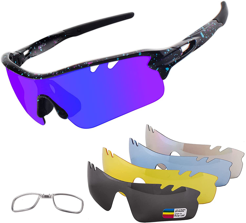 Polarized Sports Sunglasses Cycling Sun Glasses for Men Women with 5 Interchangeable Lenes for Running Baseball Golf Driving Sporting Goods > Outdoor Recreation > Cycling > Cycling Apparel & Accessories BangLong Black Purple  