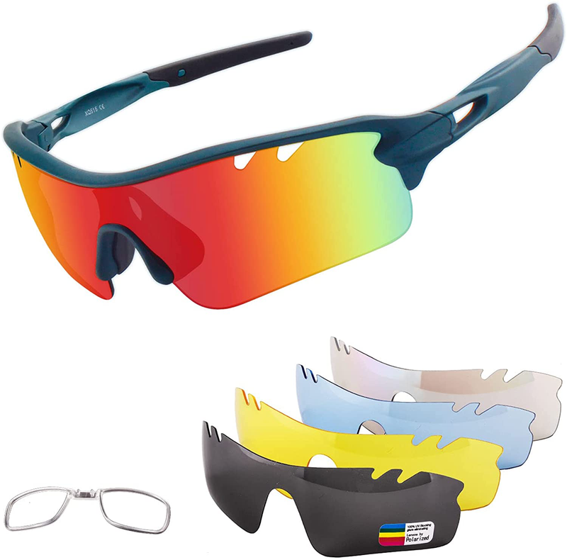 Polarized Sports Sunglasses Cycling Sun Glasses for Men Women with 5 Interchangeable Lenes for Running Baseball Golf Driving Sporting Goods > Outdoor Recreation > Cycling > Cycling Apparel & Accessories BangLong Blue Sand  