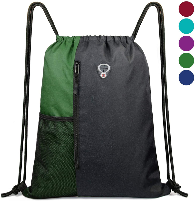 Drawstring Backpack Sports Gym Bag for Women Men Children Large Size with Zipper and Water Bottle Mesh Pockets Home & Garden > Household Supplies > Storage & Organization BeeGreen Black/Green  