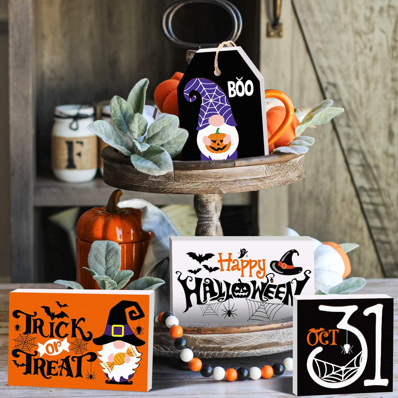Huray Rayho Halloween Tiered Tray Decorations Rustic Trick or Treat Signs Vintage Halloween Gnome Rae Dunn Decor Farmhouse Autumn Fall Supplies Set of 4 Arts & Entertainment > Party & Celebration > Party Supplies Huray Rayho   