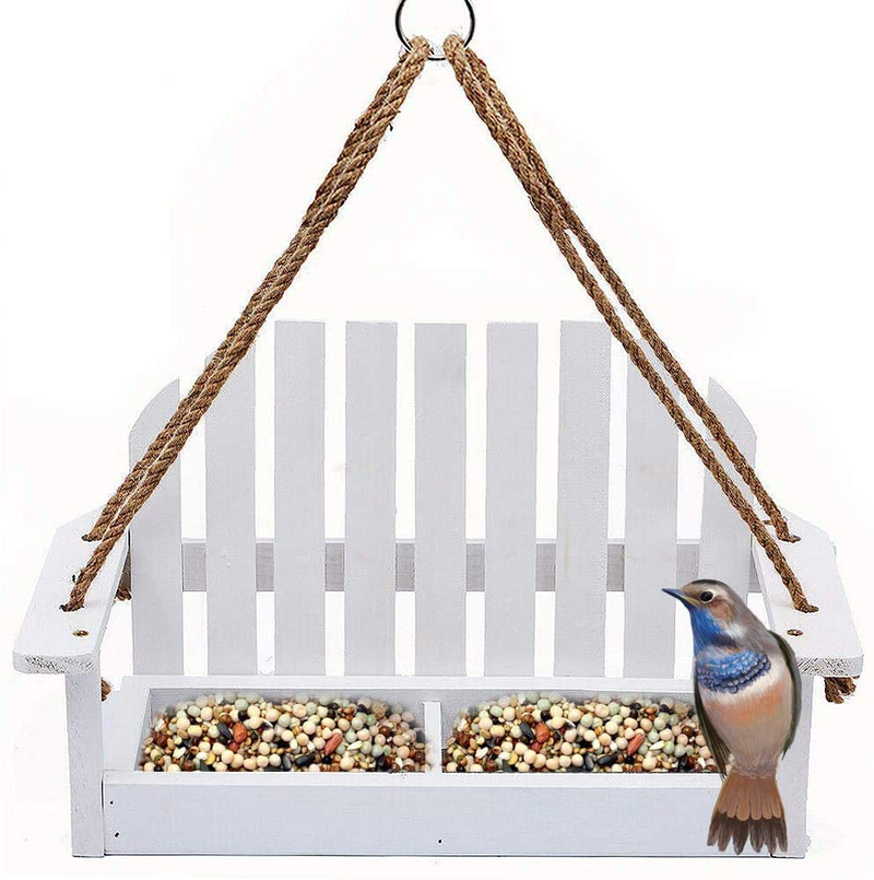 Solution4Patio White Swing Wild Bird Feeder for Outside, Metal Mesh Bottom, Cute Bench Bird Feeder or Squirrel Feeder for Yard, Porch Decoration, Large Capacity, Easy to Fill & Clean,