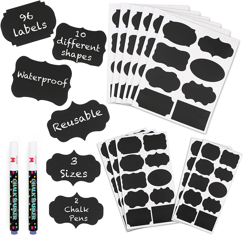 Mantah Chalkboard Label Stickers 96pcs - 9 Assorted Shapes in 3 sizes with 2 Erasable White Chalk Marker, Reusable Waterproof Labels for Storage Bins, Labels for Food Containers, Chalk labels for jars Home & Garden > Decor > Decorative Jars Mantah Default Title  