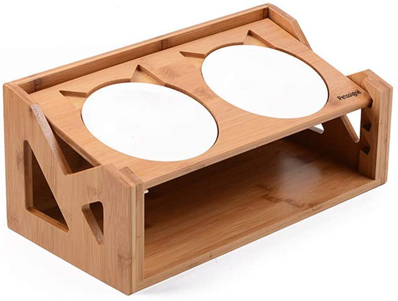 Petsoigné Cat Bowls Pet Dining Table with Raised Slope Wooden Stand Elevated Pet Bowls with Oblique Stand for Cats, Dogs, Kitten and Puppy (3 Bowls, Steel) Animals & Pet Supplies > Pet Supplies > Cat Supplies Petsoigné Liftable Double bowl 