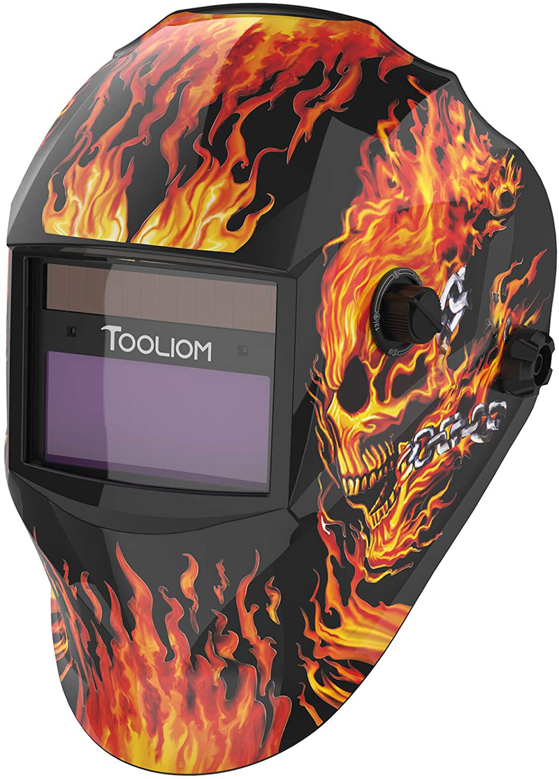 TOOLIOM True Color Welding Helmet Auto Darkening Welding Mask with Shade Range 9-13 Solar Powered Weld Hood Flaming Skull Style for TIG MIG ARC  TOOLIOM Flaming Skull  