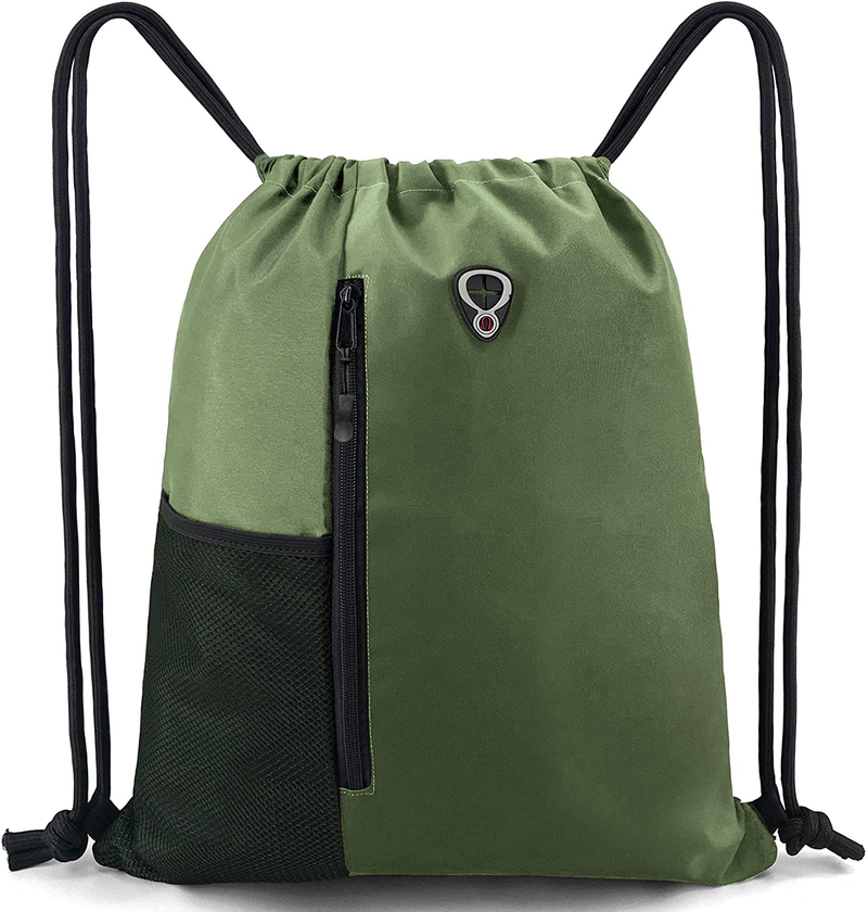 Drawstring Backpack Sports Gym Bag for Women Men Children Large Size with Zipper and Water Bottle Mesh Pockets Home & Garden > Household Supplies > Storage & Organization BeeGreen Moss Green  