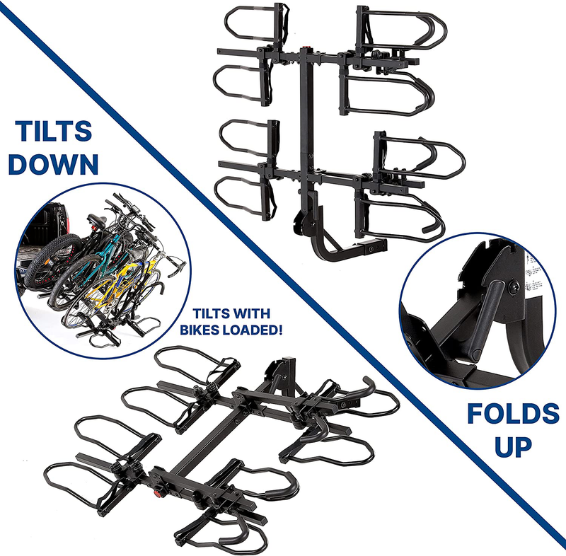 KAC Overdrive Sports K4 2” Hitch Mounted Rack 4-Bike Platform Style Carrier for Standard, Fat Tire, and Electric Bicycles – 60 lbs/Bike Heavy Weight Capacity - Smart Tilting – RV Use Prohibited Sporting Goods > Outdoor Recreation > Winter Sports & Activities KAC   