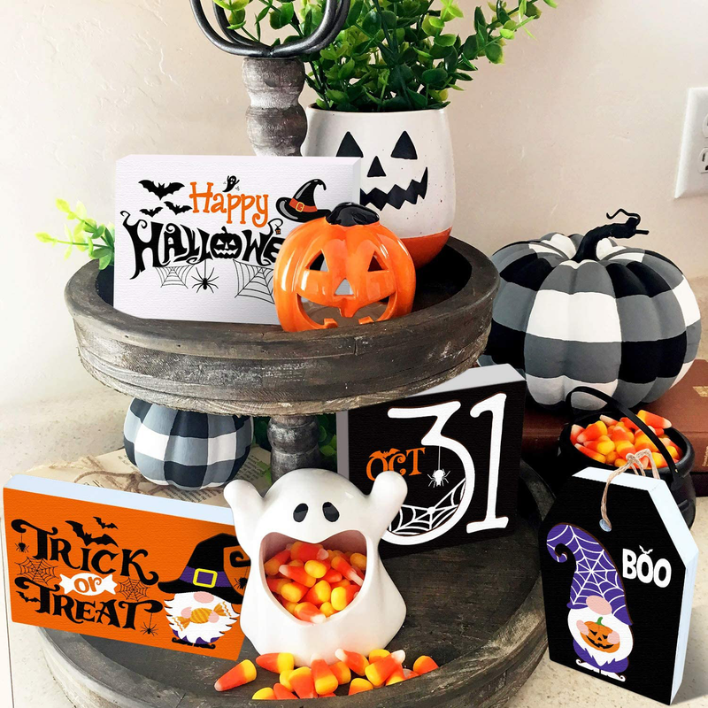 Huray Rayho Halloween Tiered Tray Decorations Rustic Trick or Treat Signs Vintage Halloween Gnome Rae Dunn Decor Farmhouse Autumn Fall Supplies Set of 4 Arts & Entertainment > Party & Celebration > Party Supplies Huray Rayho Default Title  