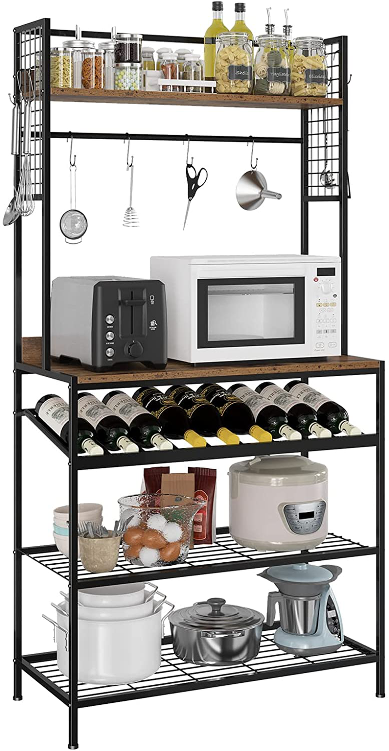 HAIOOU Kitchen Baker'S Rack, 5 Tier Microwave Oven Stand with Wine Rack and Mesh Panels, Industrial Kitchen Hutch with Storage, Free Standing Utility Organizer Shelf with 8 Hooks, Rustic Brown Home & Garden > Kitchen & Dining > Food Storage HAIOOU   
