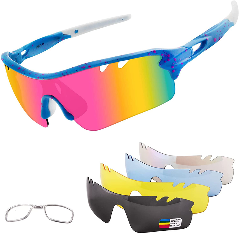 Polarized Sports Sunglasses Cycling Sun Glasses for Men Women with 5 Interchangeable Lenes for Running Baseball Golf Driving Sporting Goods > Outdoor Recreation > Cycling > Cycling Apparel & Accessories BangLong Sky Blue Pink  