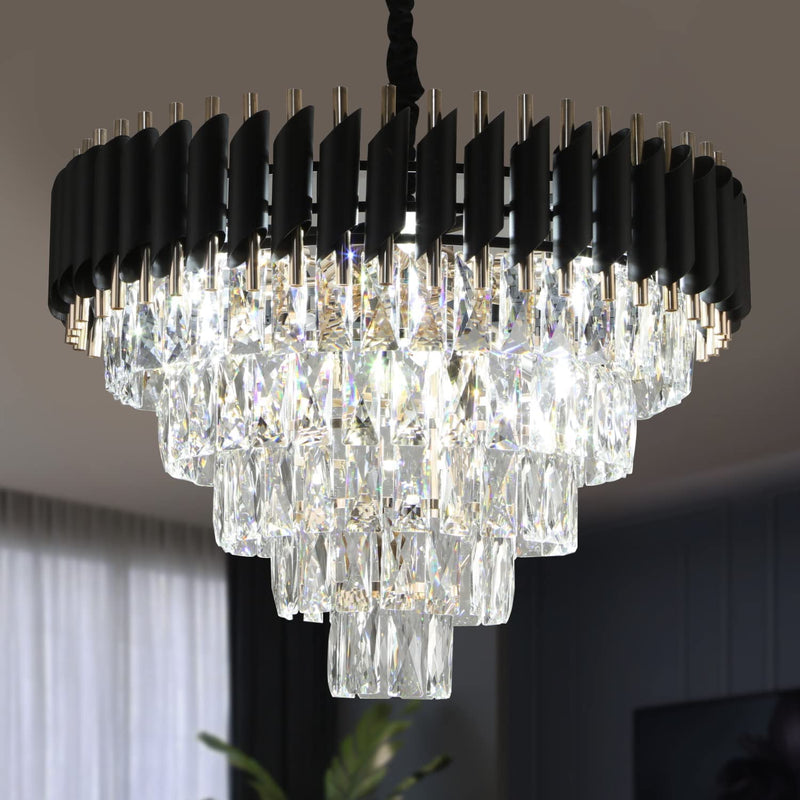AXILIXI Crystal Chandelier Contemporary, 24" Modern Living Room Chandelier, K9 Crystal Ceiling Lights Fixtures, round 5 Tiers Pendant Lighting Chandelier Black for Entryway Dining Room Staircase Home & Garden > Lighting > Lighting Fixtures > Chandeliers A AXILIXI   