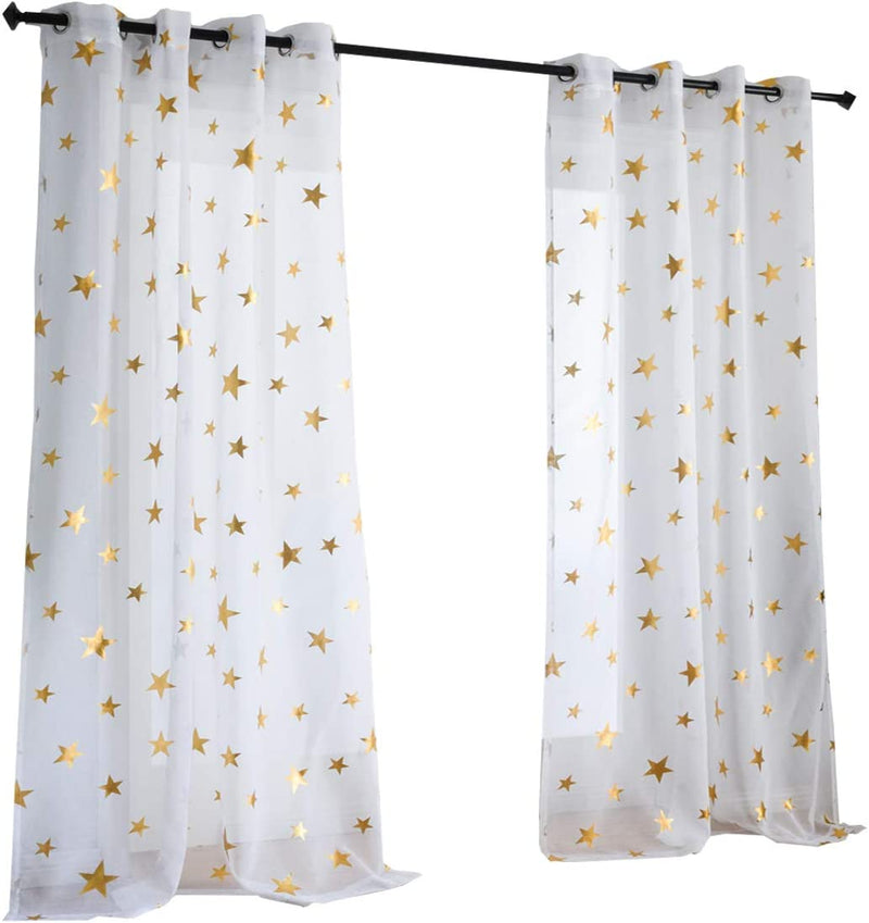 Kotile Star Themed Kids Room Sheer Curtains, Navy Blue Grommet Top Window Treatment with Twinkle Gold Stars Short Curtains for Bedroom, W52 X L63 Inches, 2 Panels Home & Garden > Decor > Window Treatments > Curtains & Drapes Kotile   