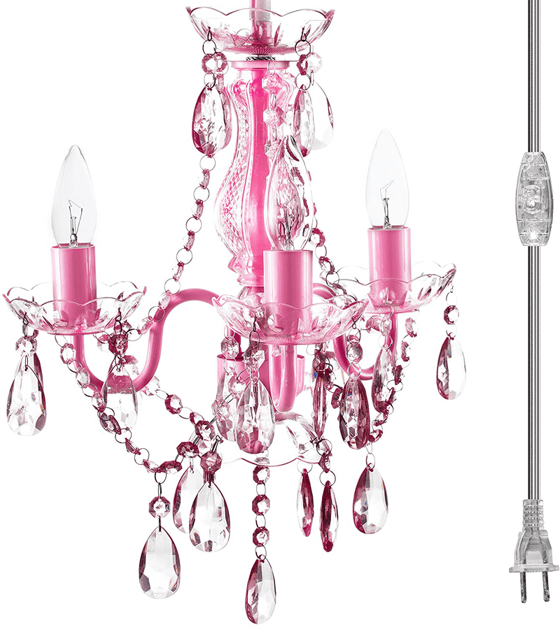 4 Light Crystal White Hardwire Flush Mount Chandelier H17.5”xW15”, White Metal Frame with Clear Glass Stem and Clear Acrylic Crystals & Beads That Sparkle Just Like Glass Arts & Entertainment > Party & Celebration > Party Supplies Gypsy Color Pink 3 Light Plug-in 