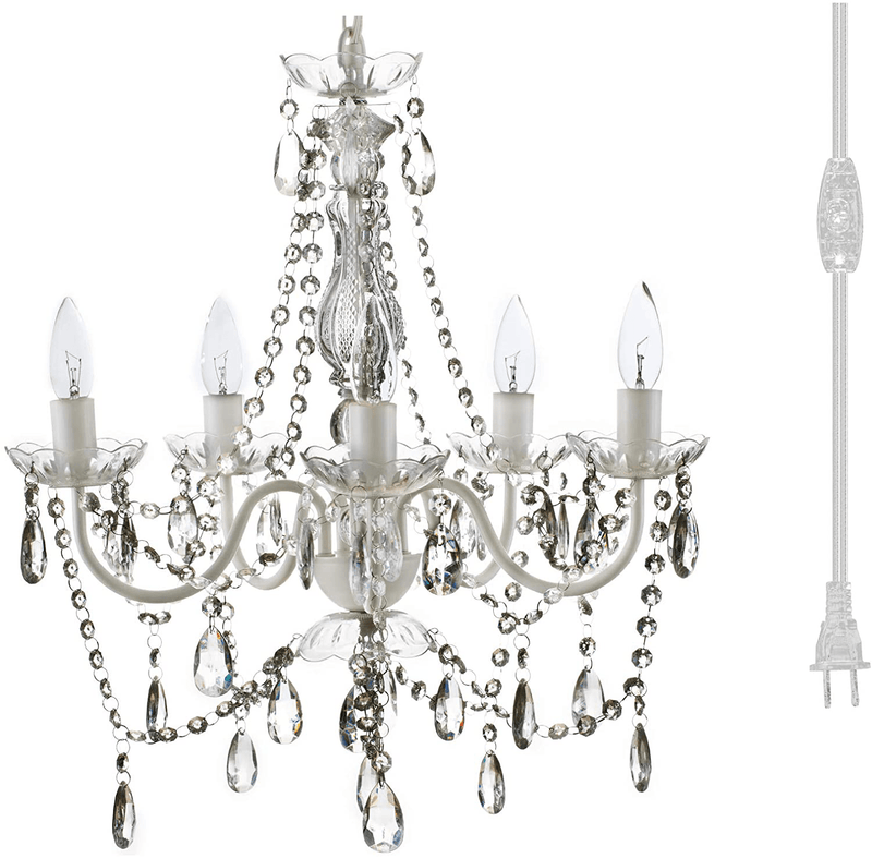 4 Light Crystal White Hardwire Flush Mount Chandelier H17.5”xW15”, White Metal Frame with Clear Glass Stem and Clear Acrylic Crystals & Beads That Sparkle Just Like Glass Arts & Entertainment > Party & Celebration > Party Supplies Gypsy Color Crystal White 5 Light Plug-in 
