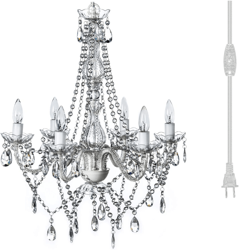 4 Light Crystal White Hardwire Flush Mount Chandelier H17.5”xW15”, White Metal Frame with Clear Glass Stem and Clear Acrylic Crystals & Beads That Sparkle Just Like Glass Arts & Entertainment > Party & Celebration > Party Supplies Gypsy Color Crystal White 6 Light Plug-in 