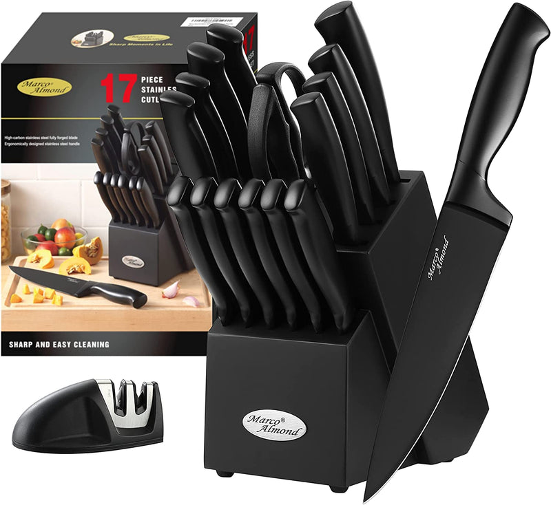 Knife Set-Marco Almond® MA21 Luxury Golden Kitchen Knife Set, Titanium Coated 14 Pieces Stainless Steel Hollow Handle Gold Kitchen Knife Set with Block by White Wash Finish Wood Home & Garden > Kitchen & Dining > Kitchen Tools & Utensils > Kitchen Knives Marco Almond Black  