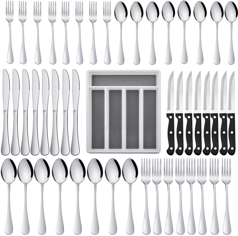 49-Piece Silverware Set with Flatware Drawer Organizer, Stainless Steel Cutlery Set with 8 Steak Knives, Eating Utensils Set Service for 8, Mirror Polished, Dishwasher Safe - Silver Home & Garden > Kitchen & Dining > Tableware > Flatware > Flatware Sets HaWare Silver 49 pieces 
