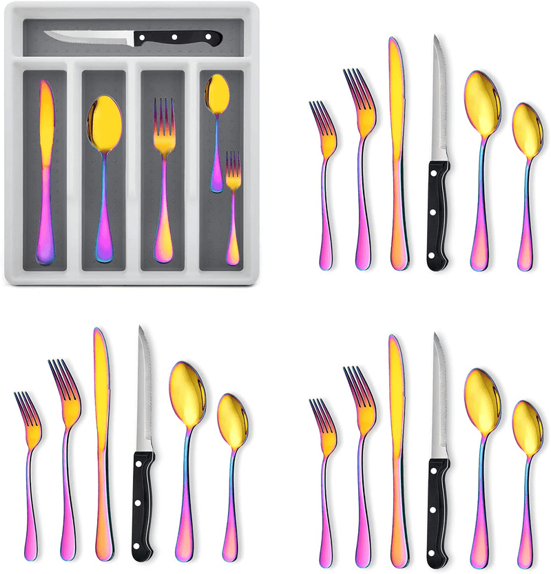 49-Piece Silverware Set with Flatware Drawer Organizer, Stainless Steel Cutlery Set with 8 Steak Knives, Eating Utensils Set Service for 8, Mirror Polished, Dishwasher Safe - Silver Home & Garden > Kitchen & Dining > Tableware > Flatware > Flatware Sets HaWare Rainbow 25 pieces 
