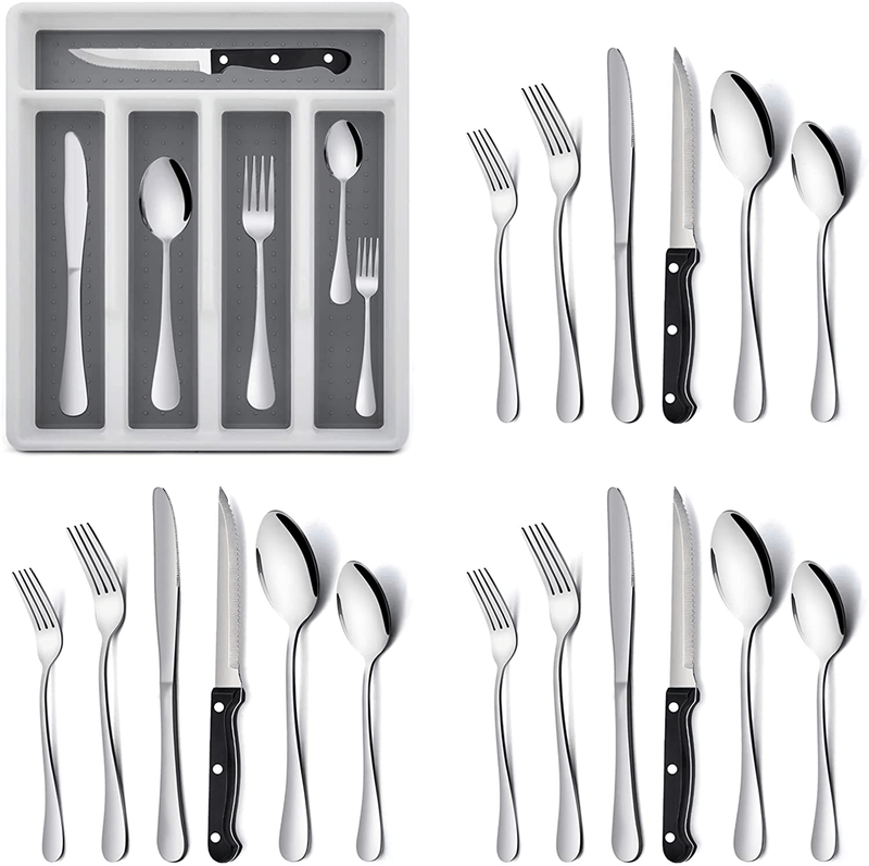 49-Piece Silverware Set with Flatware Drawer Organizer, Stainless Steel Cutlery Set with 8 Steak Knives, Eating Utensils Set Service for 8, Mirror Polished, Dishwasher Safe - Silver Home & Garden > Kitchen & Dining > Tableware > Flatware > Flatware Sets HaWare Silver 25 pieces 