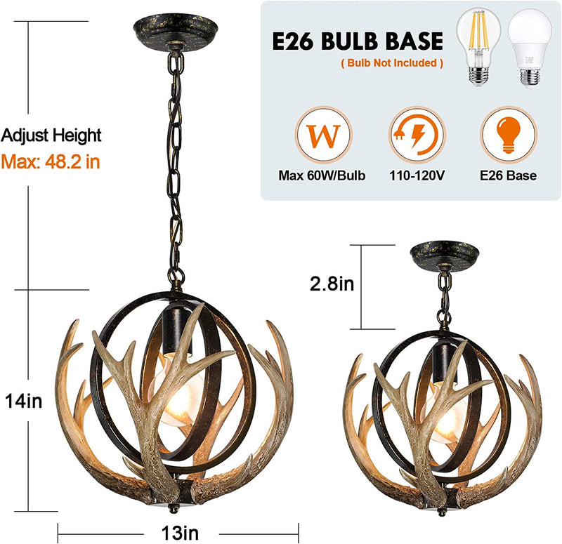 Debemenes Rustic Antler Chandelier, Adjustable Height Farmhouse Chandelier with Resin 4 Antlers and Retro Metal Globe Frame, Vintage Style Pendant Lighting for Dining Room, Kitchen, Entryway Home & Garden > Lighting > Lighting Fixtures > Chandeliers Debemenes   