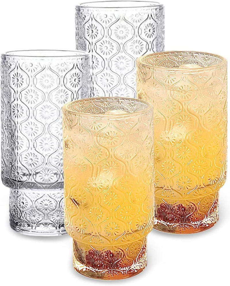 Glass Cups Vintage Glassware | Set of 4 Small, Embossed Stackable Pattern Style Transparent Cocktail Glasses Set, Ice Coffee Cup Juice Drinkware, Clear, 190Ml (S) Home & Garden > Kitchen & Dining > Tableware > Drinkware SoulTimes A Large (Pack of 4) 