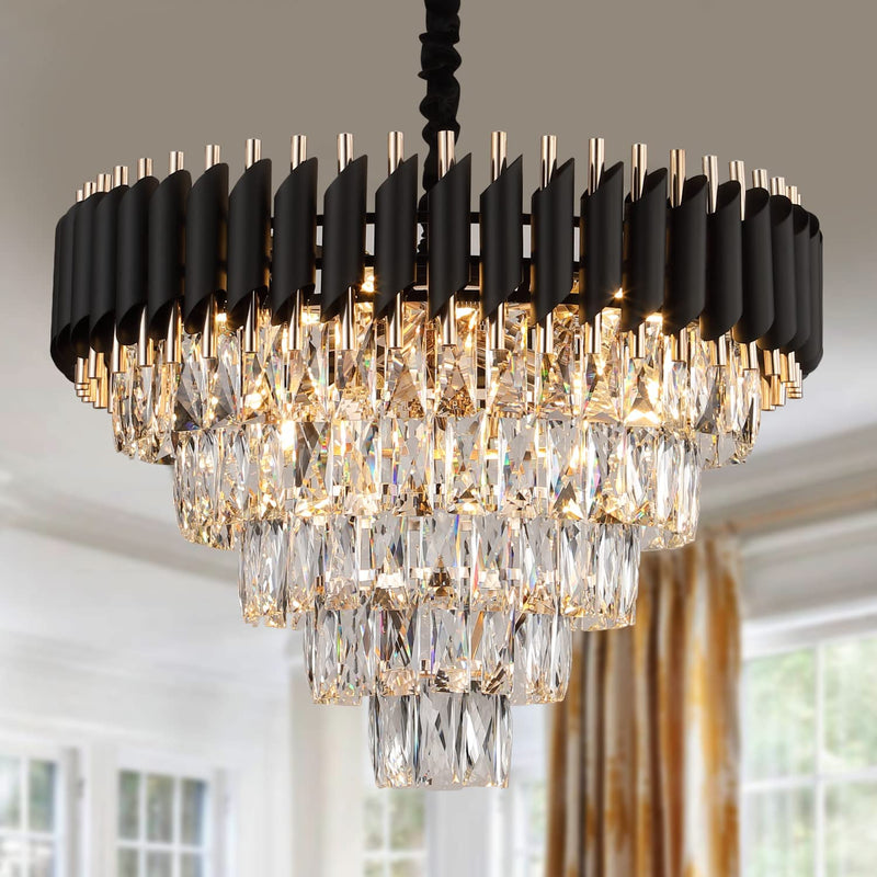 AXILIXI Crystal Chandelier Contemporary, 24" Modern Living Room Chandelier, K9 Crystal Ceiling Lights Fixtures, round 5 Tiers Pendant Lighting Chandelier Black for Entryway Dining Room Staircase Home & Garden > Lighting > Lighting Fixtures > Chandeliers A AXILIXI Black & Gold 24 inches 
