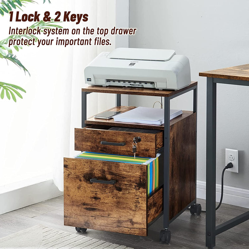 SUPERJARE File Cabinet with Lock & Charging Station, 2 Drawers Rolling Filing Cabinet, Office File Cabinet with Wheels & Open Shelf, for Home Office, A4/Letter Size Files under Desk - Rustic Brown Home & Garden > Household Supplies > Storage & Organization SUPERJARE   