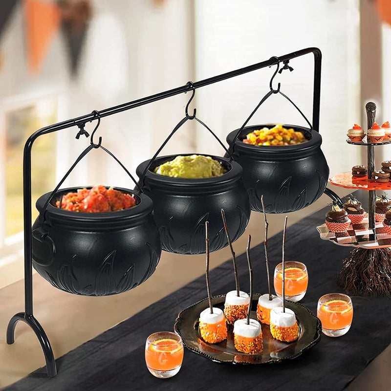 Halloween Decor - Halloween Party Decorations - Set of 3 Witches Cauldron Serving Bowls on Rack - Black Plastic Hocus Pocus Candy Bucket Cauldron for Indoor Outdoor Home Kitchen Decoration  ORIENTAL CHERRY   