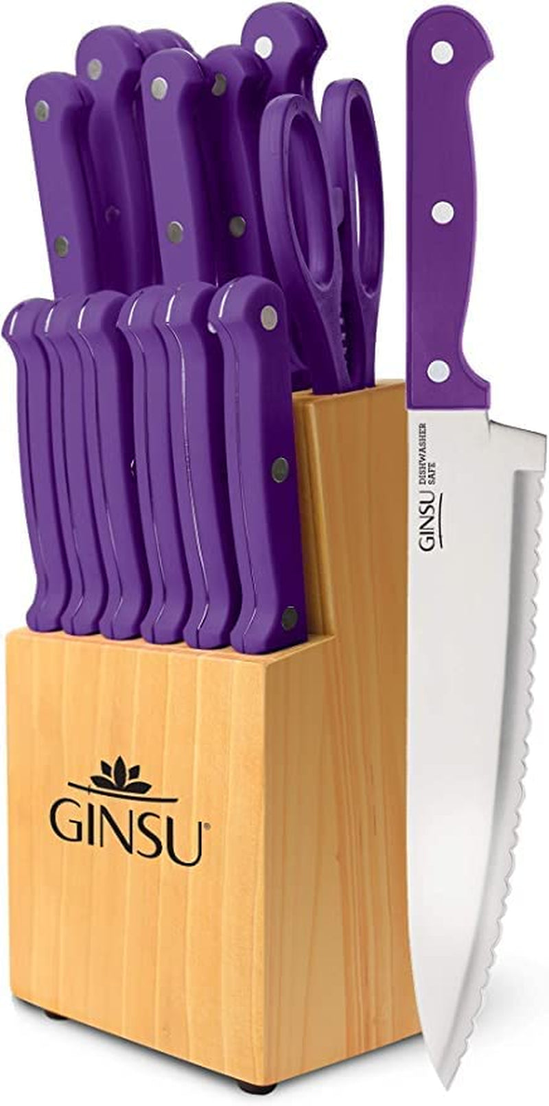 GINSU KIS-PU-DS-014-2 Kiso Dishwasher Safe Purple 14 Piece Knife Set with Natural Block, 9" W X 15" H X 5" D Home & Garden > Kitchen & Dining > Kitchen Tools & Utensils > Kitchen Knives Ginsu Purple Dishwasher Safe Set 