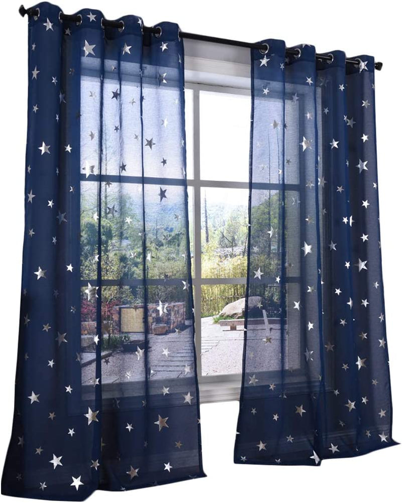 Kotile Star Themed Kids Room Sheer Curtains, Navy Blue Grommet Top Window Treatment with Twinkle Gold Stars Short Curtains for Bedroom, W52 X L63 Inches, 2 Panels Home & Garden > Decor > Window Treatments > Curtains & Drapes Kotile Navy Silver 84" | Pair 