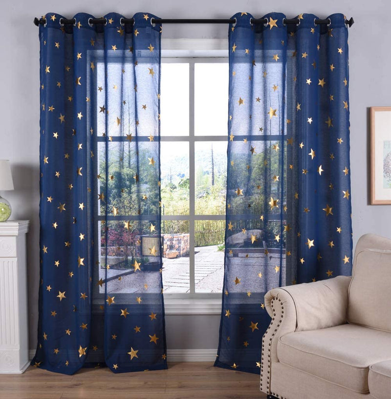 Kotile Star Themed Kids Room Sheer Curtains, Navy Blue Grommet Top Window Treatment with Twinkle Gold Stars Short Curtains for Bedroom, W52 X L63 Inches, 2 Panels Home & Garden > Decor > Window Treatments > Curtains & Drapes Kotile Navy Gold 63" | Pair 