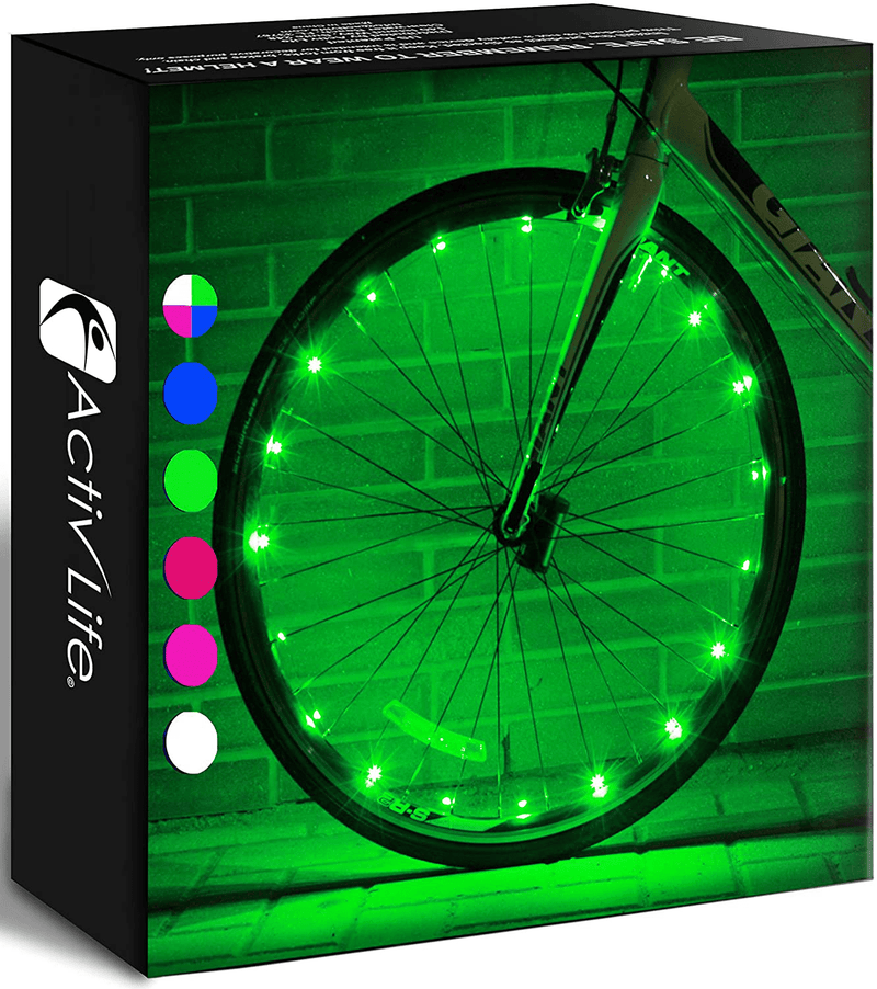 Activ Life LED Bicycle Wheel Lights (2 Tires, Multicolor) Best for Kids, Top Stocking Stuffers of 2021 Popular Gifts for Children Exercise Toys - Child Bday Party Outdoor Family Fun Sporting Goods > Outdoor Recreation > Cycling > Bicycle Parts Activ Life Green 2 Wheels 