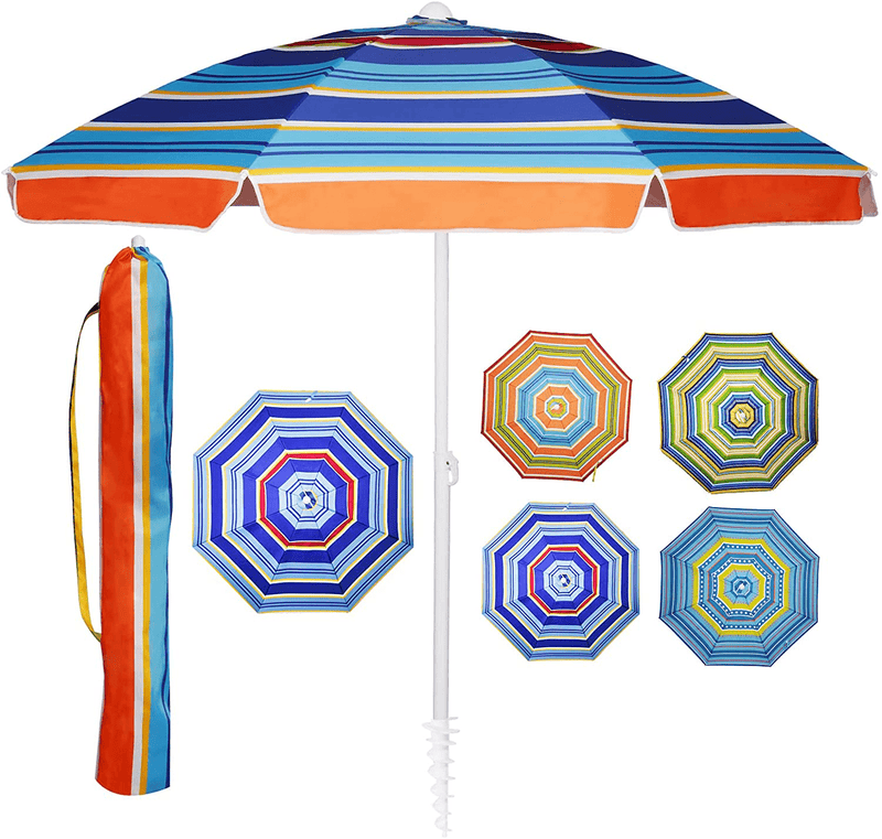 Beach Umbrellas with Sand Anchor,LUHAHALU 7 ft Outdoor Sunshade Portable Patio Umbrella with Carry Bag Heavy Duty Wind Resistant UV Protection for Sand Beach Garden Backyard (including Hanging Hook) Home & Garden > Lawn & Garden > Outdoor Living > Outdoor Umbrella & Sunshade Accessories LUHAHALU Orange Striped  