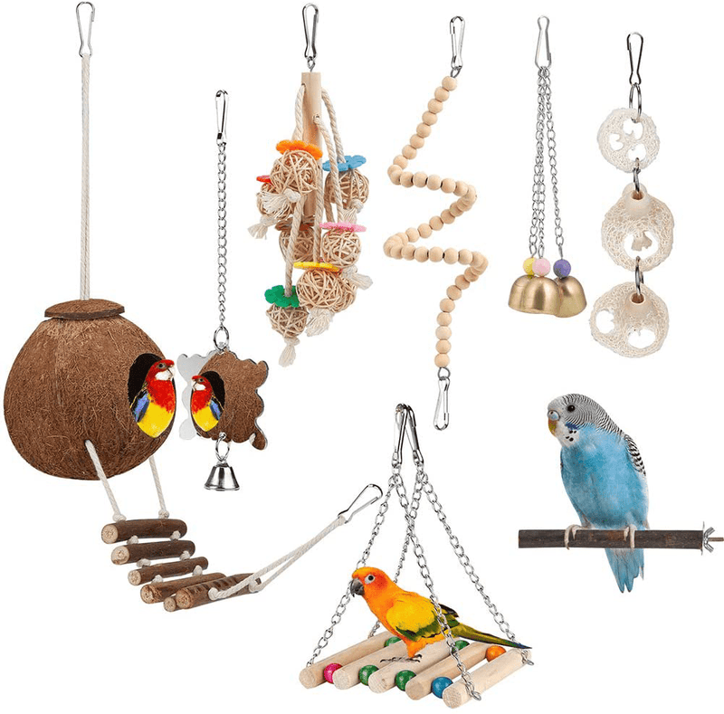 Bird Toy Parakeet Toy Perch Bird Cage Hammock Coconut Hideaway with Ladder Hanging Bell Swing Chewing Toy Hanging Toy for Parakeet,Conure,Cockatiel,Love Birds,Parrots (8 Pcs(with Mirror and Perch)) Animals & Pet Supplies > Pet Supplies > Bird Supplies > Bird Toys iSbaby Default Title  