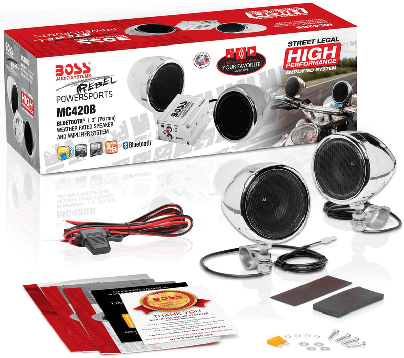 BOSS Audio Systems MC420B Motorcycle Speaker System – Class D Compact Amplifier, 3 Inch Weatherproof Speakers, Volume Control, Great for ATVs, Motorcycles and All 12 Volt Vehicles  BOSS Audio Systems   