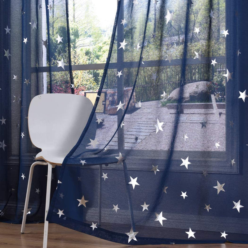 Kotile Star Themed Kids Room Sheer Curtains, Navy Blue Grommet Top Window Treatment with Twinkle Gold Stars Short Curtains for Bedroom, W52 X L63 Inches, 2 Panels Home & Garden > Decor > Window Treatments > Curtains & Drapes Kotile Navy Silver 63" | Pair 