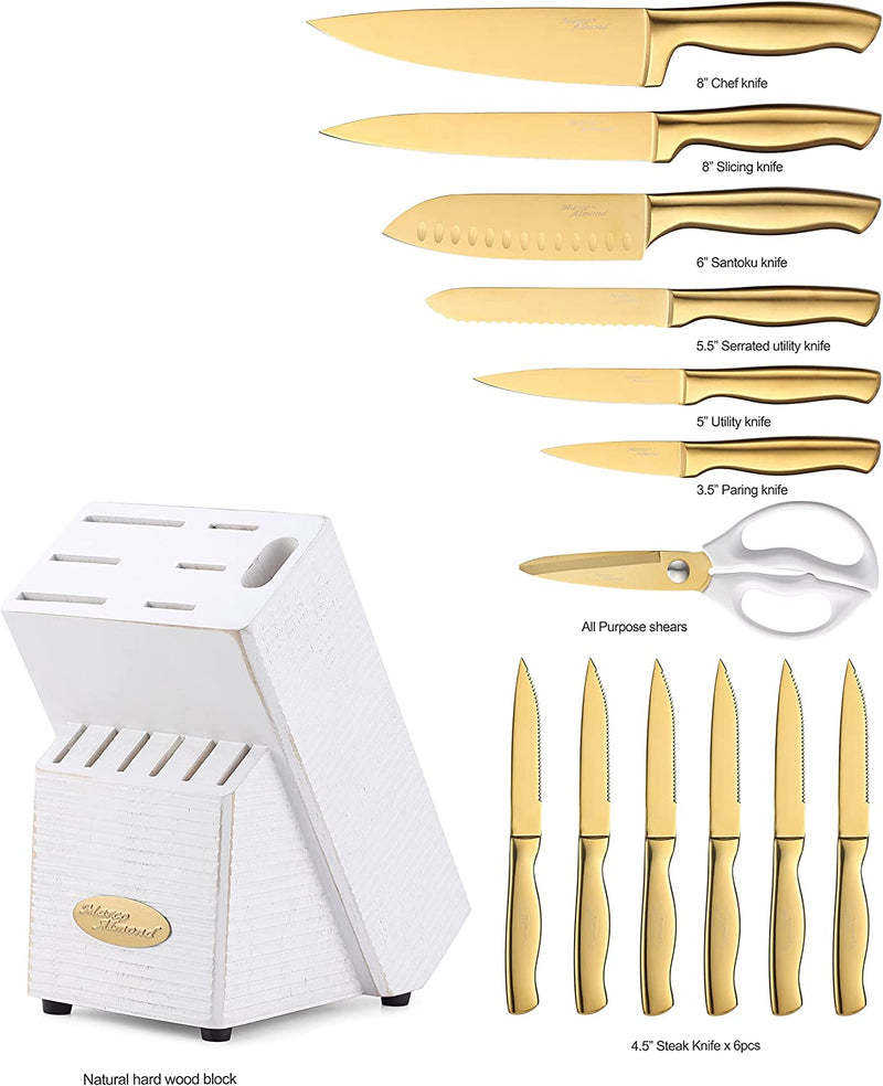 Knife Set-Marco Almond® MA21 Luxury Golden Kitchen Knife Set, Titanium Coated 14 Pieces Stainless Steel Hollow Handle Gold Kitchen Knife Set with Block by White Wash Finish Wood Home & Garden > Kitchen & Dining > Kitchen Tools & Utensils > Kitchen Knives Marco Almond   