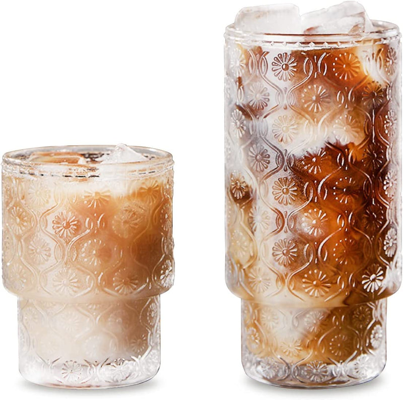 Origami Style Glass Cups Set of 2, Ripple Vintage Glassware Transparent Cocktail Glasses Set, Ice Coffee Cup Bar Beverages Drinkware with Straw, Straw Brush, Mixing Spoon, Clear (S+L) Home & Garden > Kitchen & Dining > Tableware > Drinkware SoulTimes Pattern  