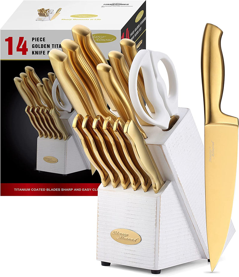 Knife Set-Marco Almond® MA21 Luxury Golden Kitchen Knife Set, Titanium Coated 14 Pieces Stainless Steel Hollow Handle Gold Kitchen Knife Set with Block by White Wash Finish Wood Home & Garden > Kitchen & Dining > Kitchen Tools & Utensils > Kitchen Knives Marco Almond   