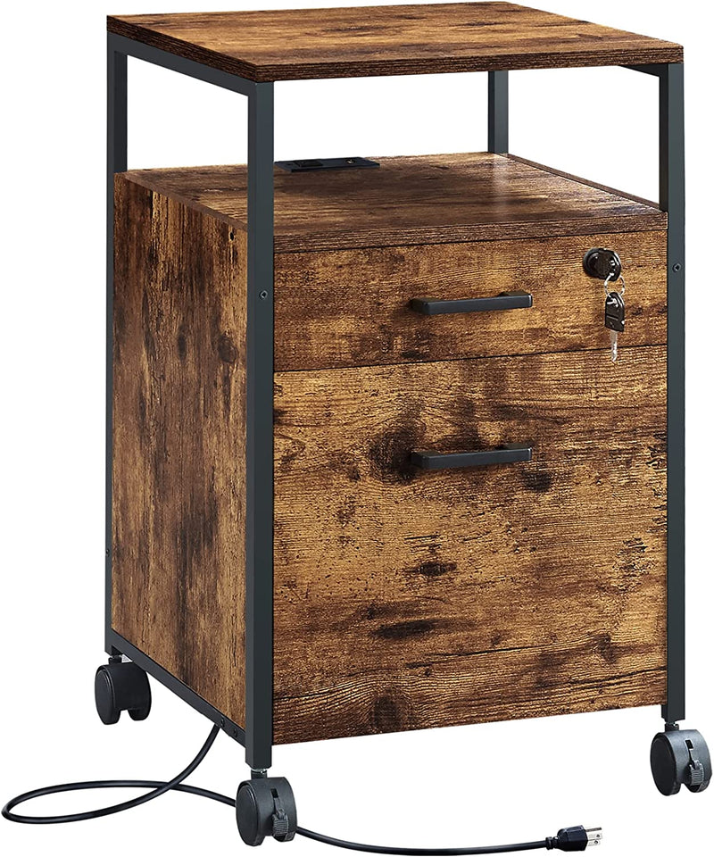 SUPERJARE File Cabinet with Lock & Charging Station, 2 Drawers Rolling Filing Cabinet, Office File Cabinet with Wheels & Open Shelf, for Home Office, A4/Letter Size Files under Desk - Rustic Brown Home & Garden > Household Supplies > Storage & Organization SUPERJARE Rustic Brown  