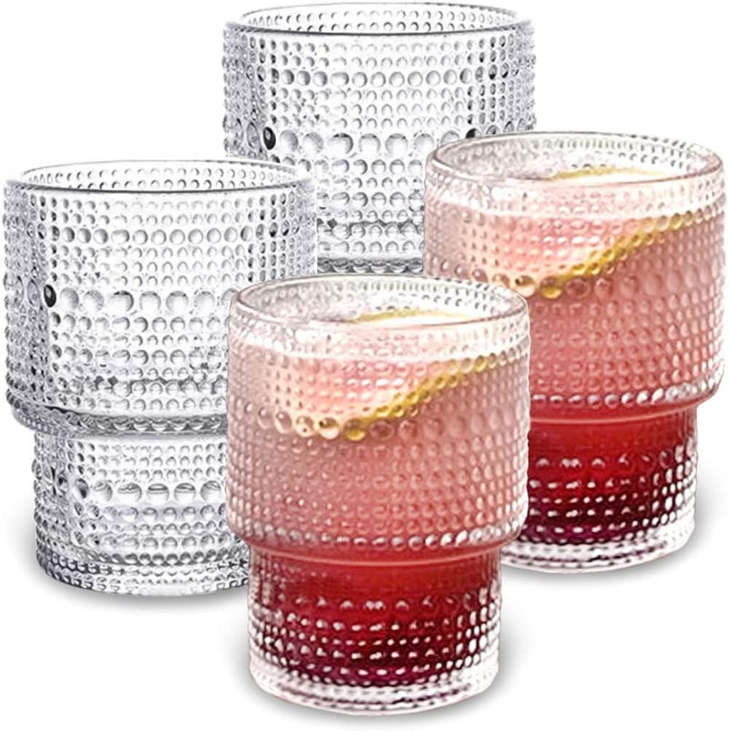 Glass Cups Vintage Glassware | Set of 4 Small, Embossed Stackable Pattern Style Transparent Cocktail Glasses Set, Ice Coffee Cup Juice Drinkware, Clear, 190Ml (S) Home & Garden > Kitchen & Dining > Tableware > Drinkware SoulTimes B Small (Pack of 4) 