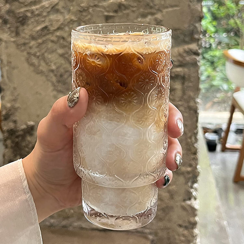Glass Cups Vintage Glassware | Set of 4 Small, Embossed Stackable Pattern Style Transparent Cocktail Glasses Set, Ice Coffee Cup Juice Drinkware, Clear, 190Ml (S) Home & Garden > Kitchen & Dining > Tableware > Drinkware SoulTimes   