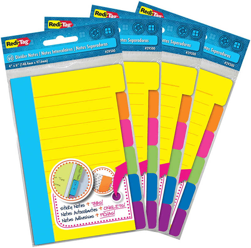 Redi-Tag Divider Sticky Notes, Tabbed Self-Stick Lined Note Pad, 60 Ruled Notes, 4 x 6 Inches, Assorted Neon Colors (29500) Office Supplies > General Office Supplies Redi-Tag 4 Pack  