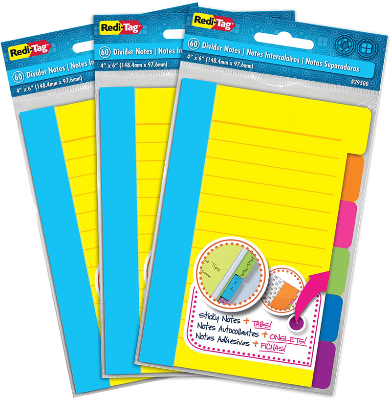 Redi-Tag Divider Sticky Notes, Tabbed Self-Stick Lined Note Pad, 60 Ruled Notes, 4 x 6 Inches, Assorted Neon Colors (29500) Office Supplies > General Office Supplies Redi-Tag 3 Pack  
