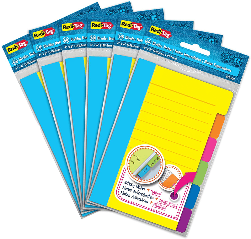 Redi-Tag Divider Sticky Notes, Tabbed Self-Stick Lined Note Pad, 60 Ruled Notes, 4 x 6 Inches, Assorted Neon Colors (29500) Office Supplies > General Office Supplies Redi-Tag 6 Pack  